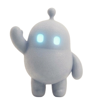 DPLY, a soft white robot mascot with glowing cyan eyes, waving hello